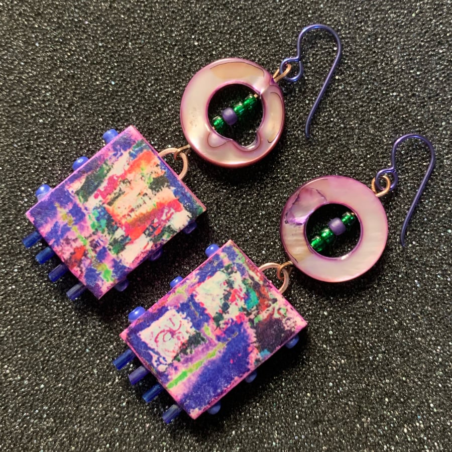 Original OOAK abstract polymer clay, glass & shell earrings - Free UK P&P