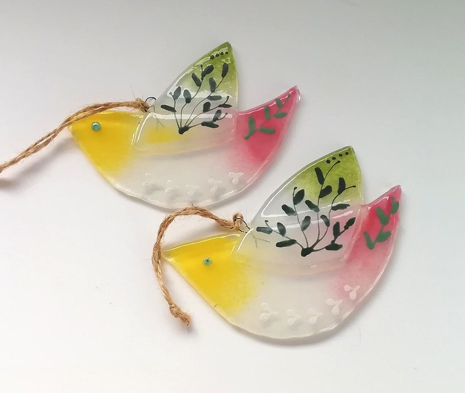 Fused Glass Love Birds Suncatchers - Handcrafted Window Art