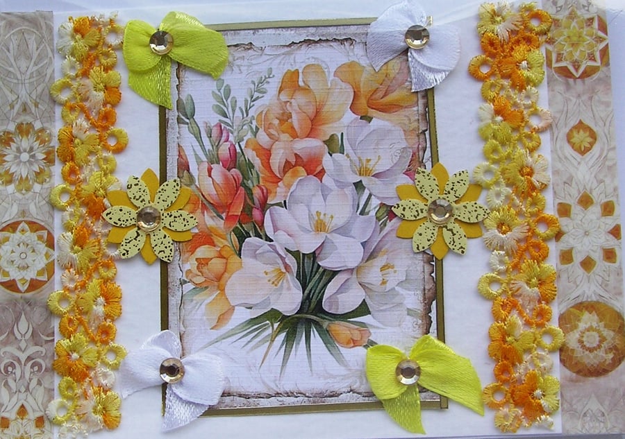 Yellow & White Freesia Flowers Hand Crafted Decoupage Greeting Card - Blank 3161