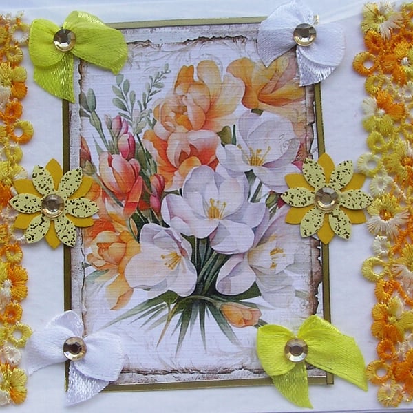 Yellow & White Freesia Flowers Hand Crafted Decoupage Greeting Card - Blank 3161