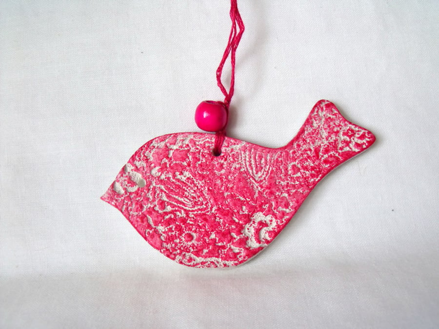 ceramic lace hanging bird decoration in red