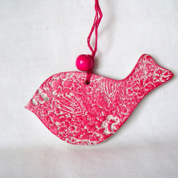 ceramic lace hanging bird decoration in red