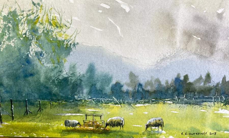 Swainby back fields (Pure Original Watercolour FULLY MOUNTED 8” x 6”)
