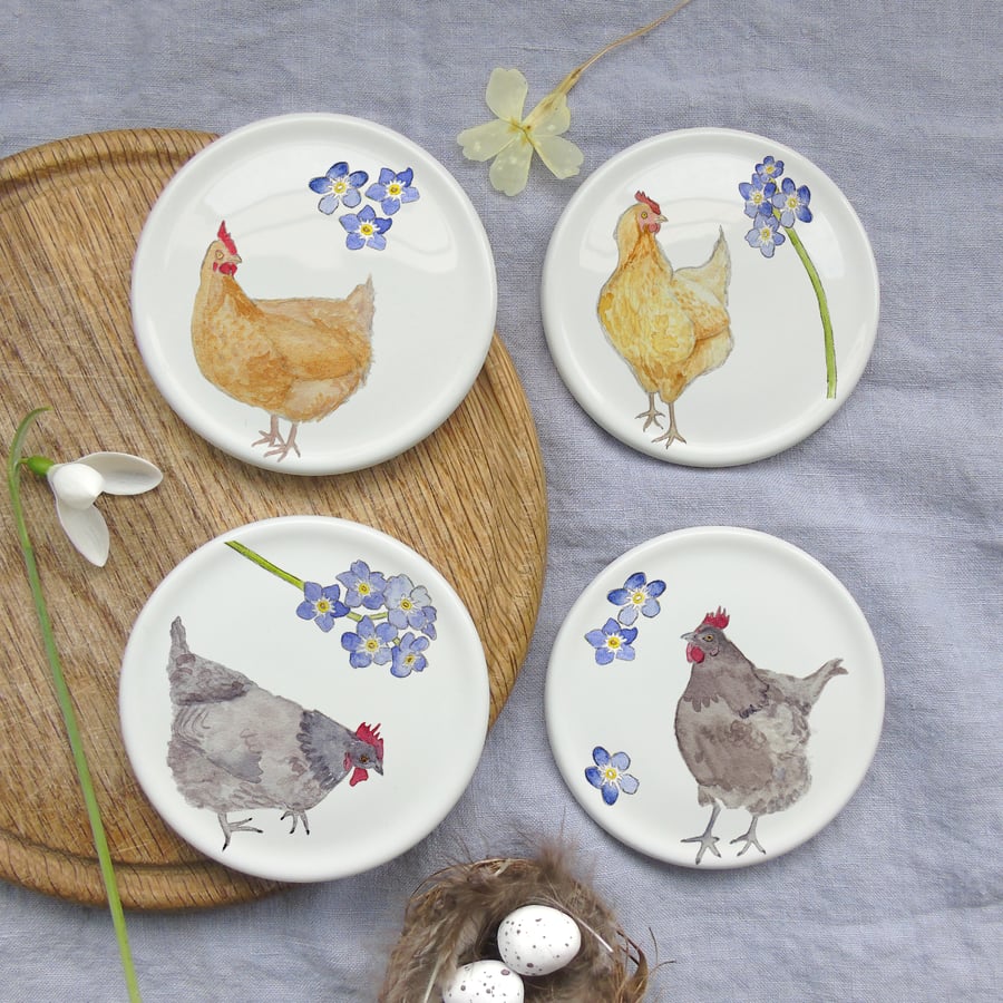 Hens and Forget me nots bone china coasters