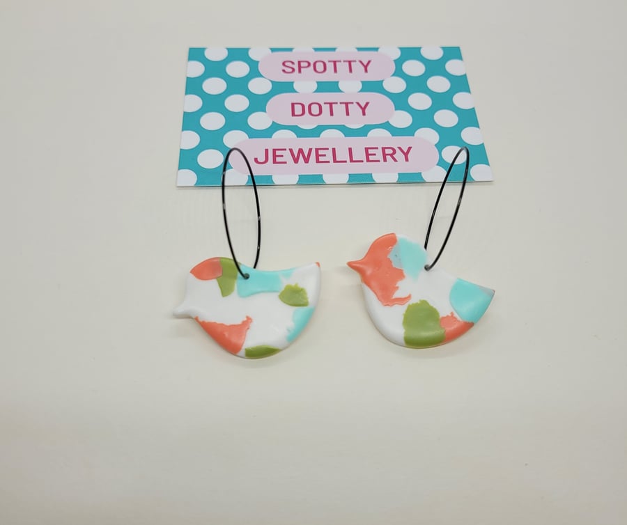 Pastel polymer Clay Bird Hoop Earrings 