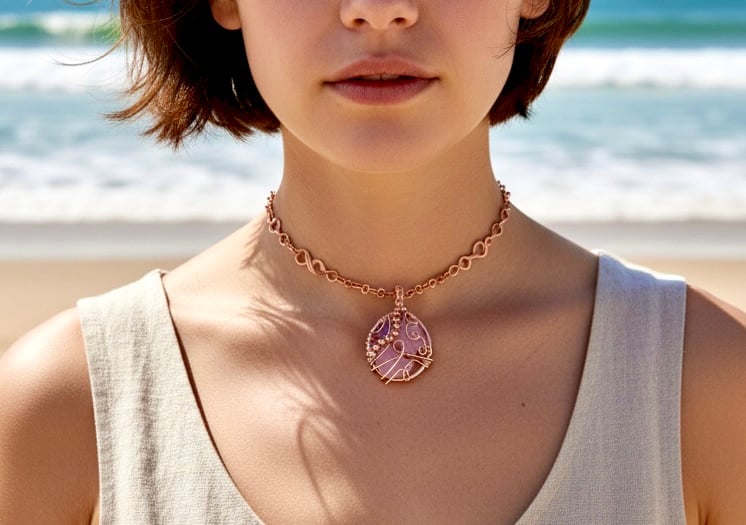 Celestial Pendant Copper Choker Necklace - Rose Quartz & Amethyst, Spiritual