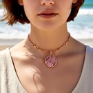 Celestial Pendant Copper Choker Necklace - Rose Quartz & Amethyst, Spiritual