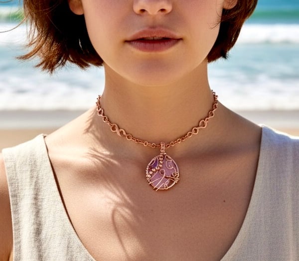 Celestial Pendant Copper Choker Necklace - Rose Quartz & Amethyst, Spiritual