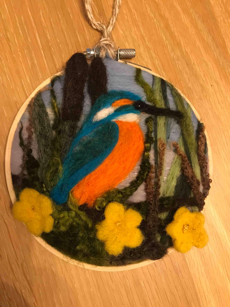 Kingfisher art needle felted hoop