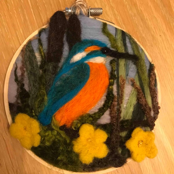 Kingfisher art needle felted hoop