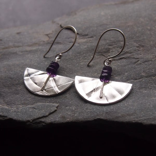 Sterling Silver Textured Semi Circle Earrings with Amethyst