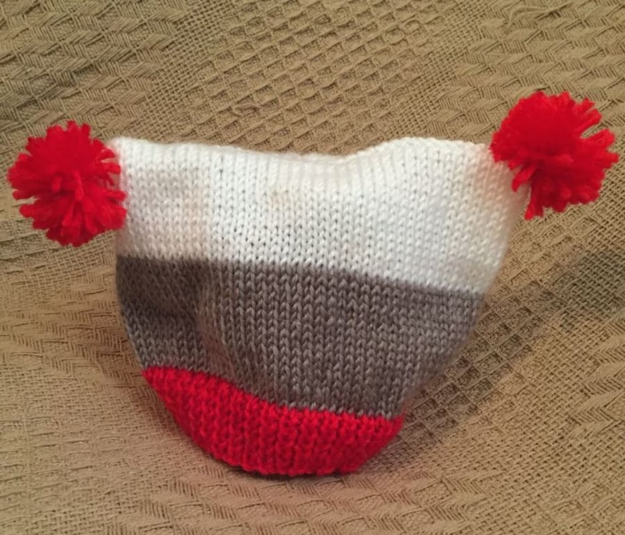 Little grey, white & red wool hat with pom poms