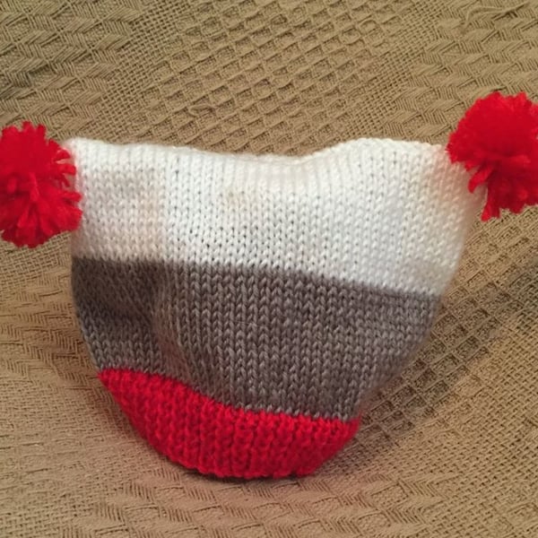 Little grey, white & red wool hat with pom poms