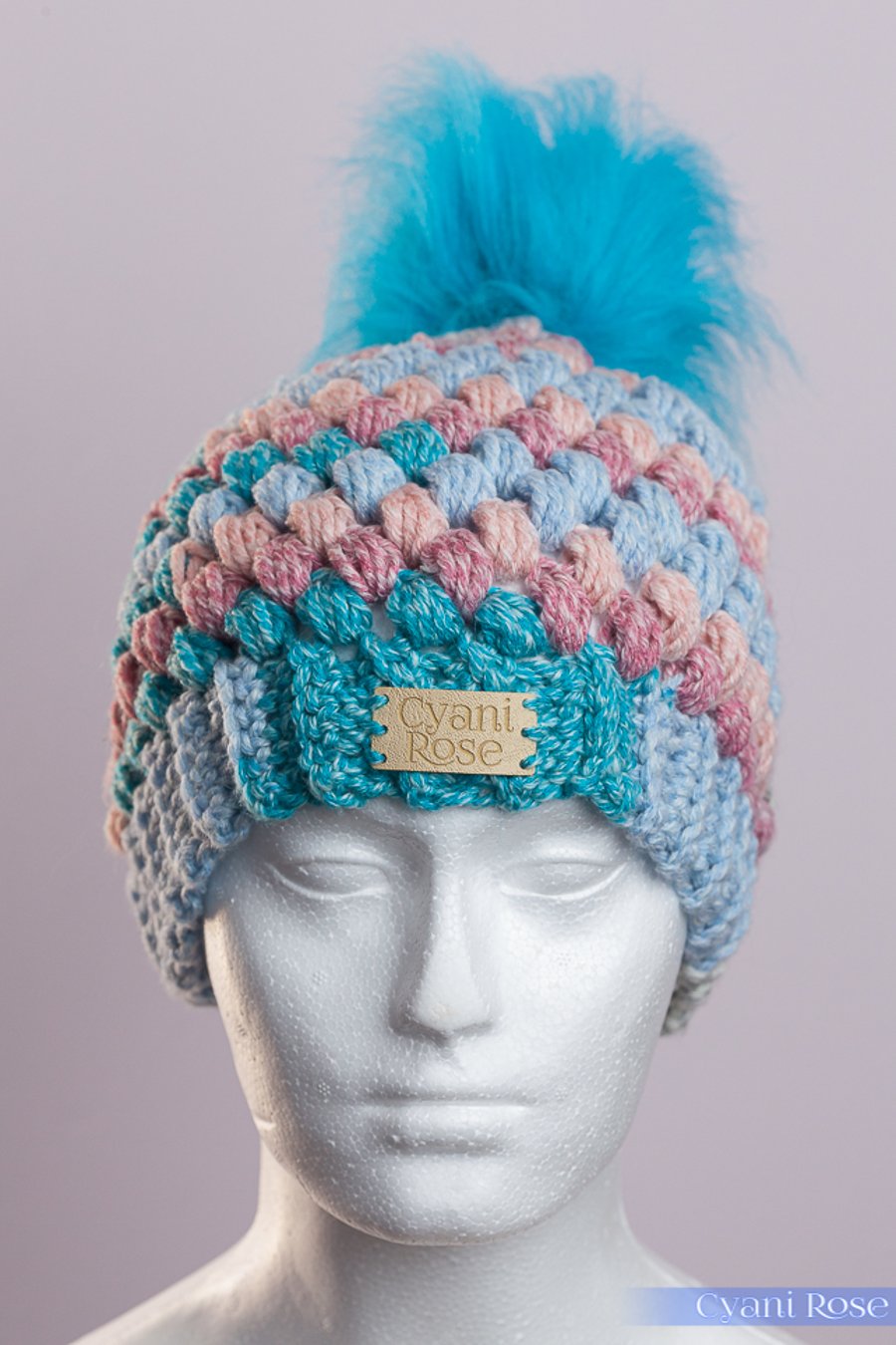 Hat-hand made crochet puff stitch with handmade faux fur detachable pompom