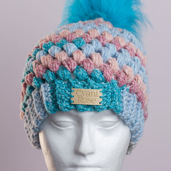 Hat-hand made crochet puff stitch with handmade faux fur detachable pompom