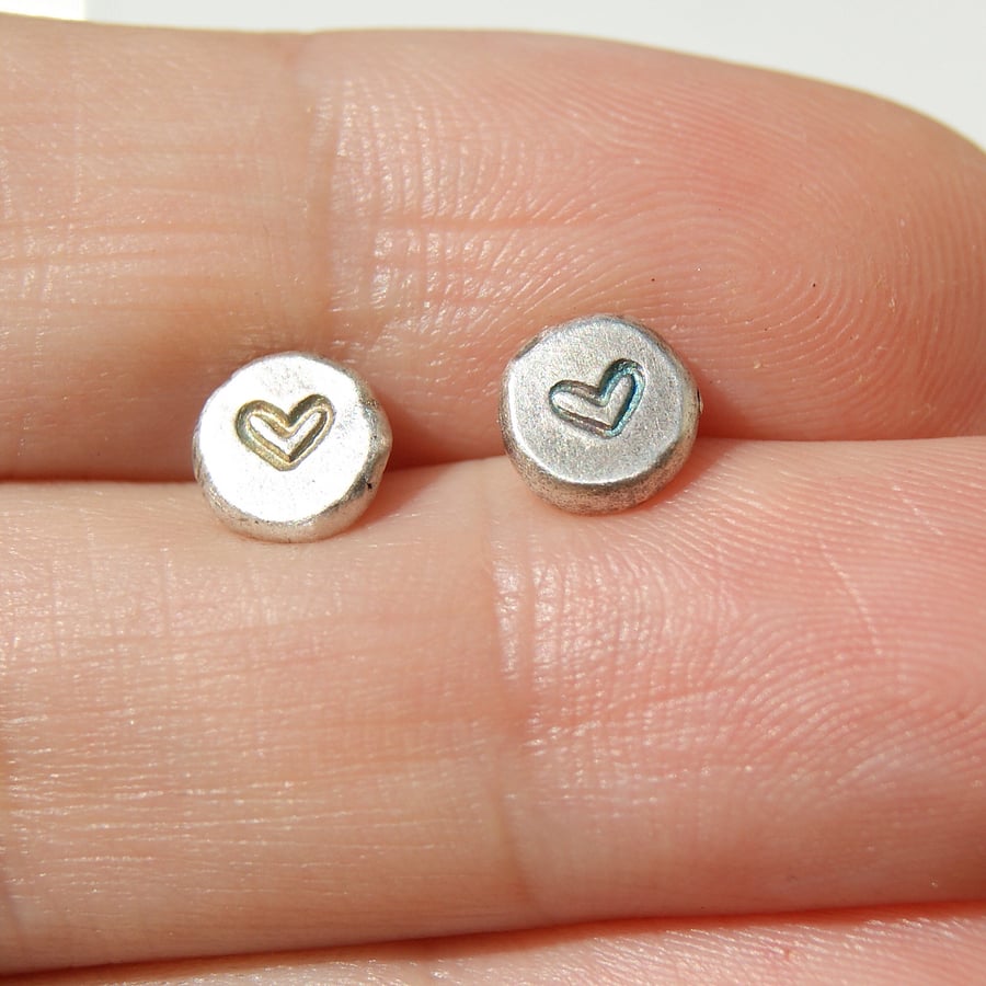Organic Silver Heart Studs, Love Stud Earrings, Little Pebble Earrings 