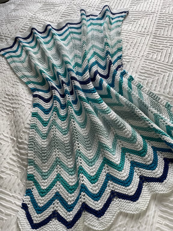 Shades of blue and aqua baby blanket, hand knitted in 100% cotton yarn.