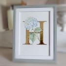 ACEO Watercolour original art Hydrangea   24 carat gold leaf letter H.   SALE