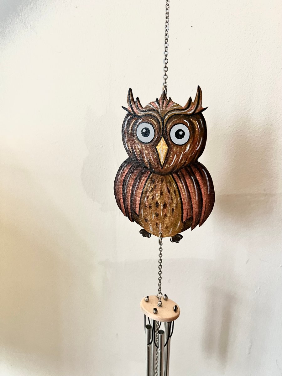 Owl wind chime, hand painted wooden owl. 