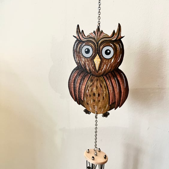 Owl wind chime, hand painted wooden owl. 