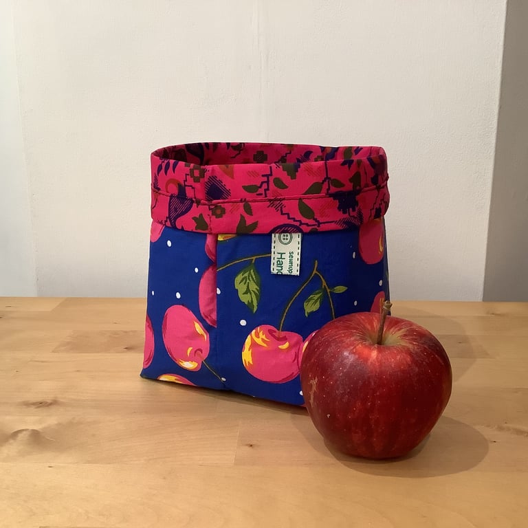 Fabric storage tub, basket or caddy. Cherry design red and blue.