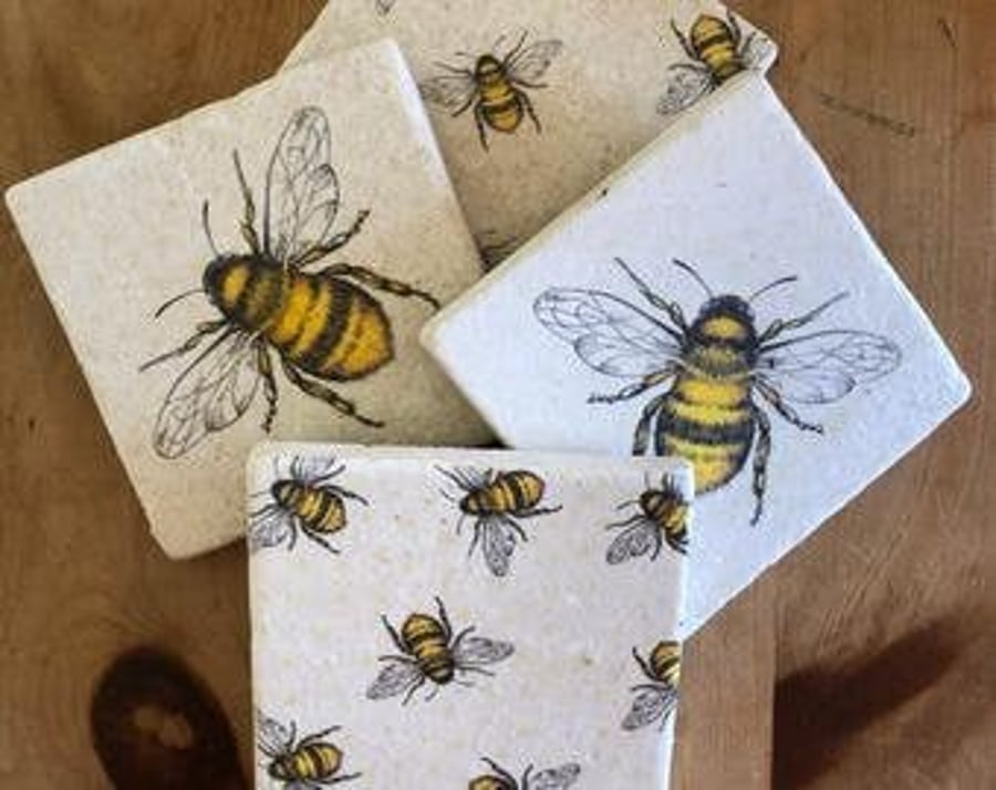 Set of Four Bee Natural Stone Coasters