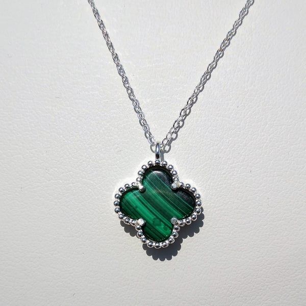Genuine Malachite Lucky Four Leaf Clover Sterling Silver Necklace 18 Inch