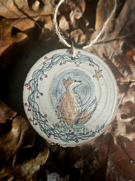 Personalised decoration :  Fox original painting hanging log slice