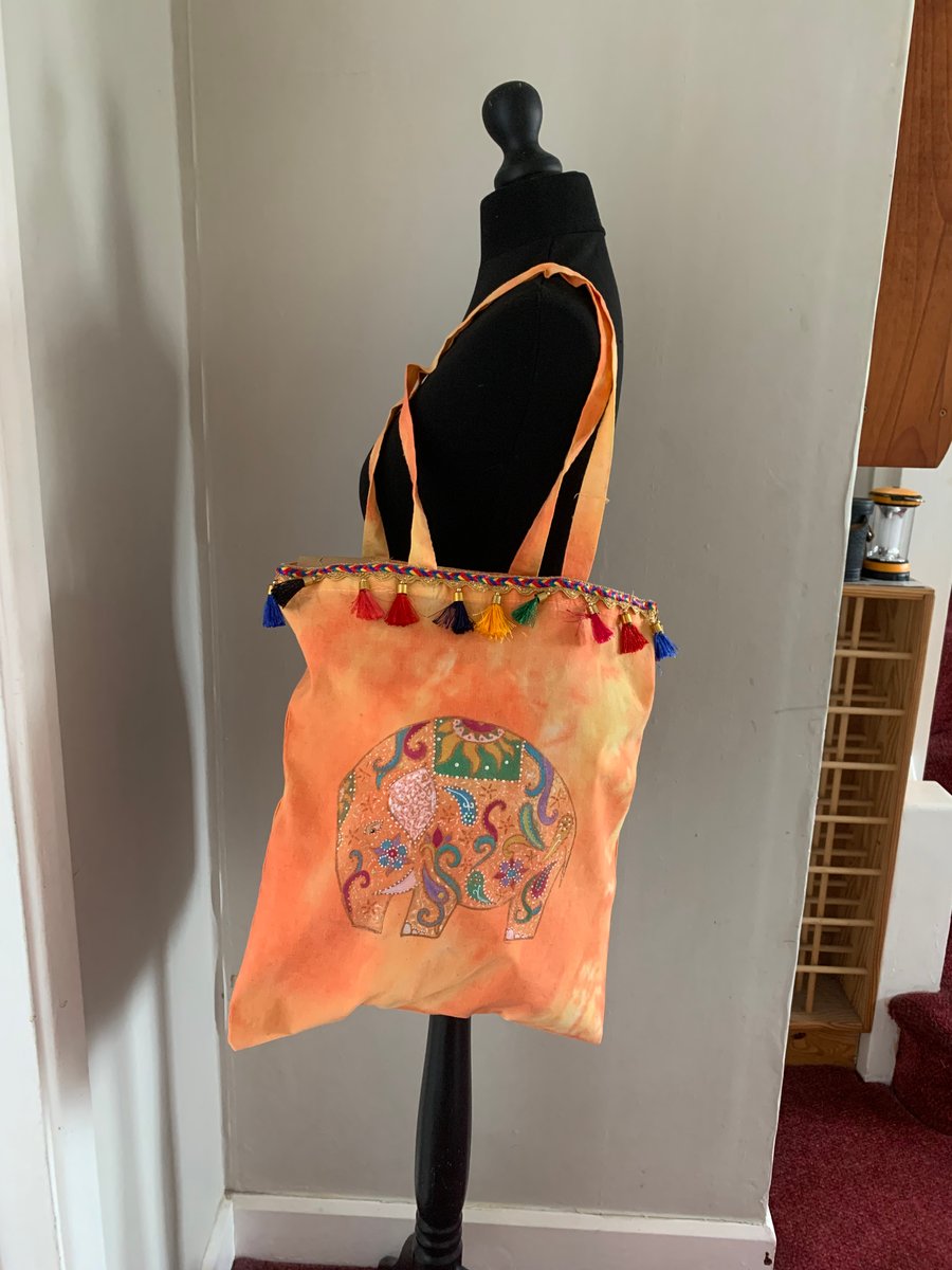 Tie dyed hand painted tote with paisley elephant design 