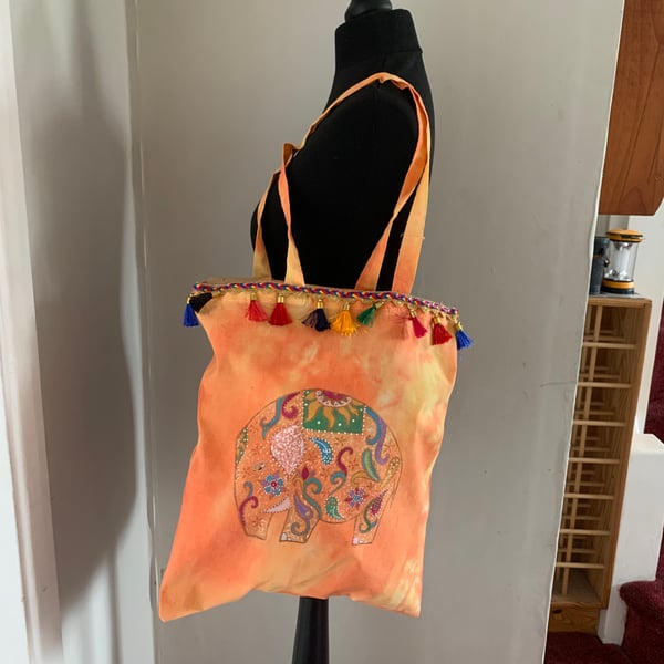 Tie dyed hand painted tote with paisley elephant design 
