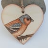 Chaffinch pyrography hanging heart ornament 
