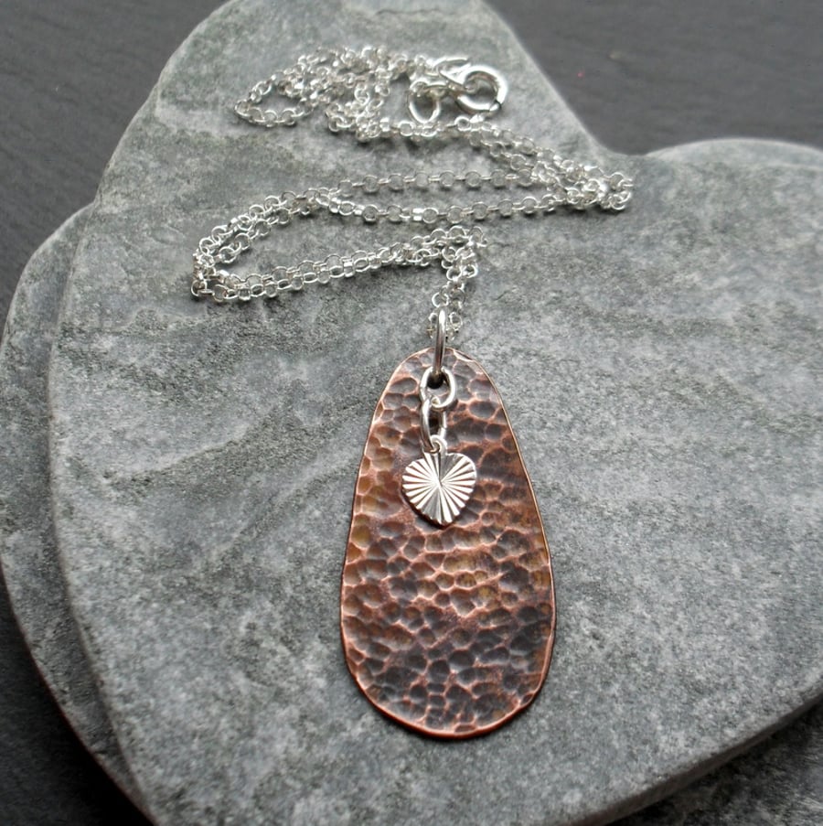 Vintage Style Copper Drop Pendant With Sterling Silver Heart Charm 