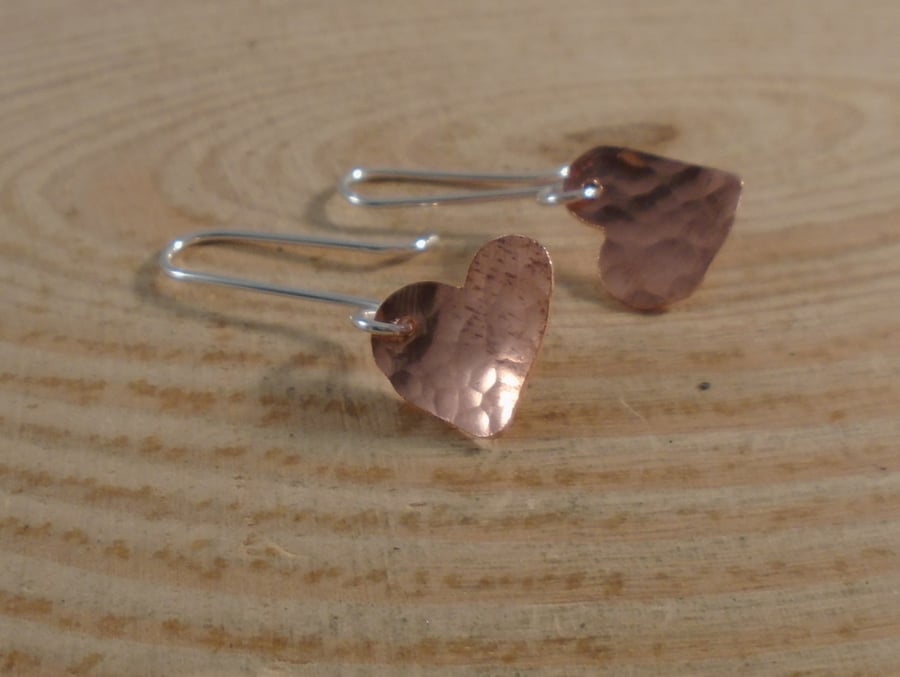 Sterling Silver and Copper Hammered Hearts Drop Earrings