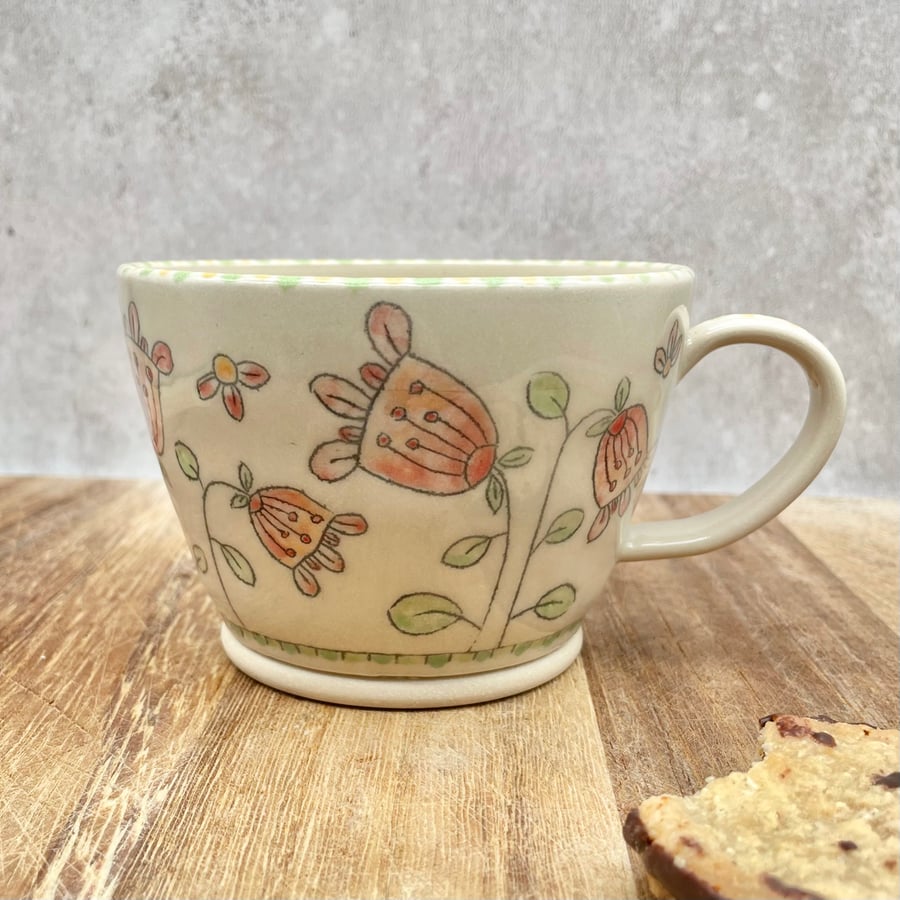 Handmade Mug - Pretty Abstract Flowers & Leaves - Ideal for Tea Lovers - M10