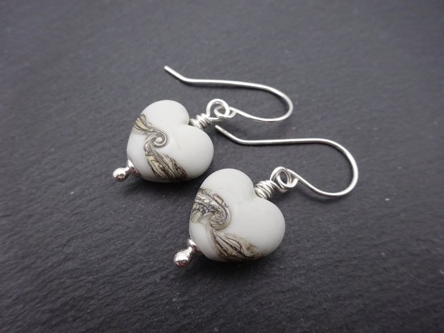 lampwork glass grey heart earrings