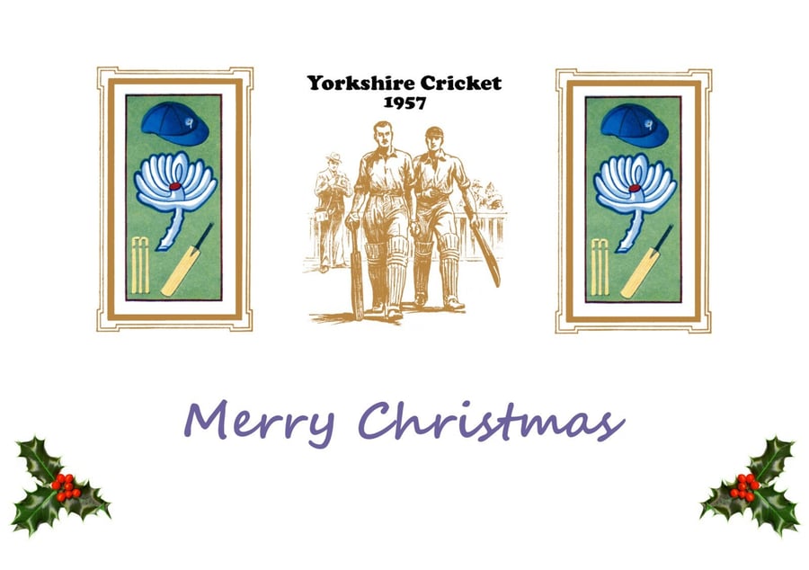 Christmas card cricket vintage 1957 Yorkshire badge design. FREE UK P&P
