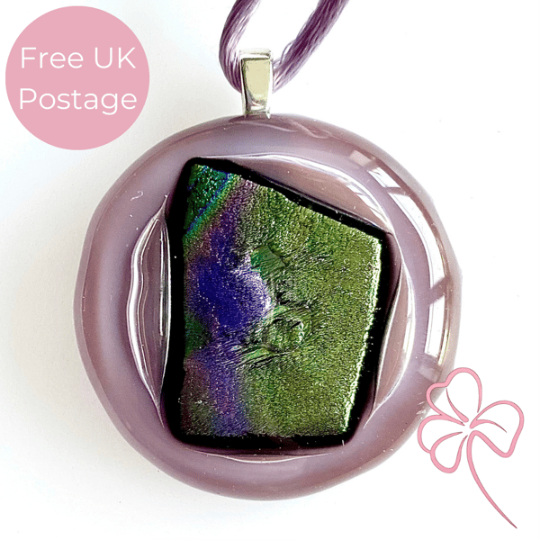 Lilac and Dichroic Round Glass Pendant Necklace 