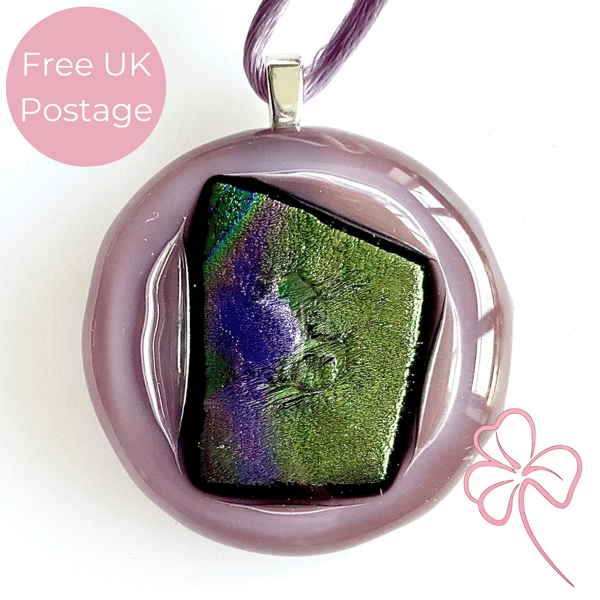 Lilac and Dichroic Round Glass Pendant Necklace 