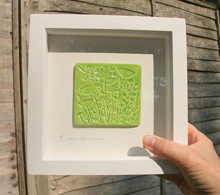 ON SALE NOW - Lime Green ceramic plaque impressed with a woodland design.
