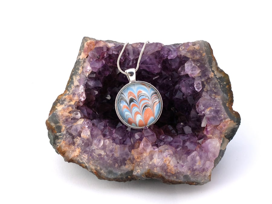 Blue and copper  marbled paper glass cabochon silver plated pendant 