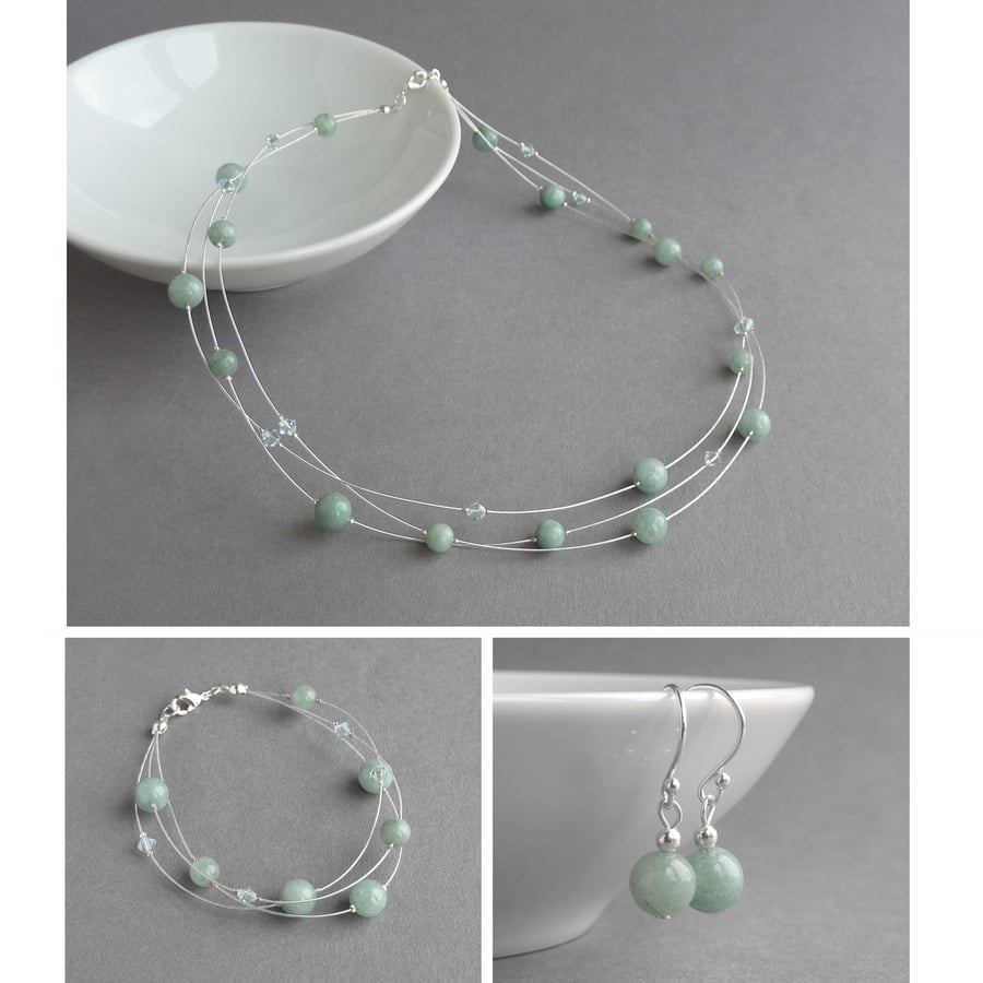 Dusty Green Floating Pearl Jewellery Set - Sage Necklace, Bracelet and Earrings