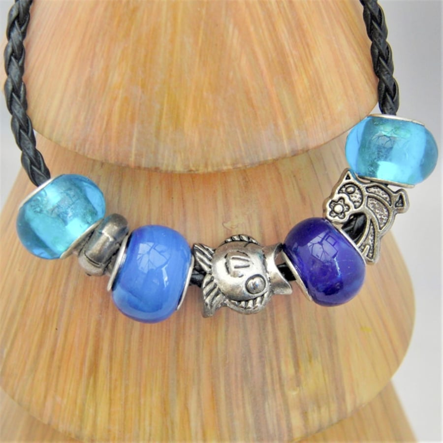 Blue European Lampwork Beaded Bracelet with Silver Plated Charms