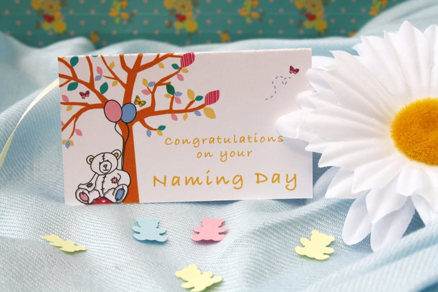 Naming Day Gift Tag with Teddy Bear Confetti