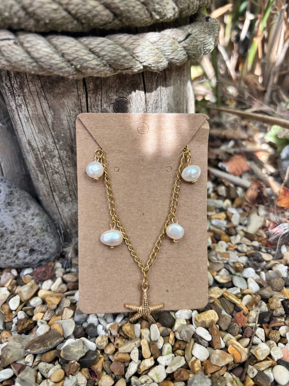Gold Stainless Steel Chain Necklace With Starfish Pendant and Freshwater Pearl 