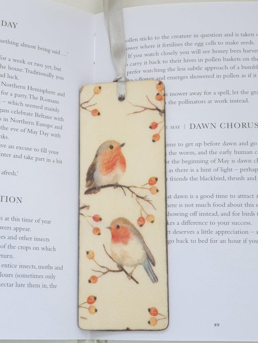 Robin wooden bookmark, garden bird decoupaged Christmas stocking filler gift 