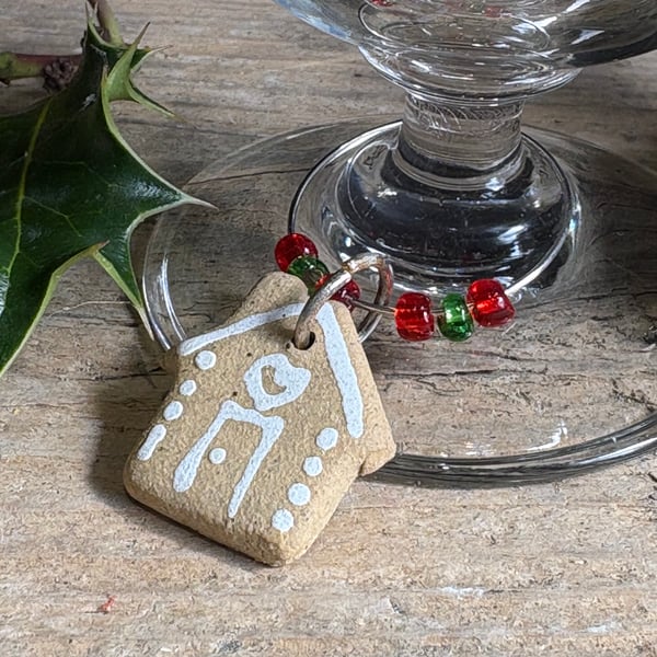 Wine glass Christmas charm - gingerbread house