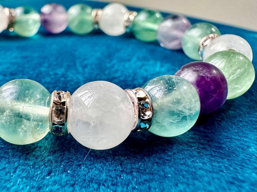 Fluorite and White JadeBeaded Bracelet Natural Gemstones High Quality 8mm beads