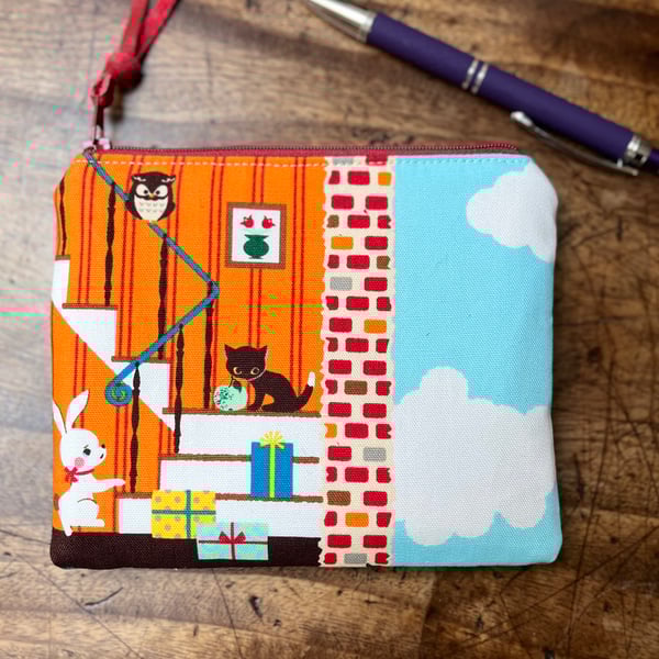 Cat and rabbit purse with waterproof lining Japanese cotton and needlecord