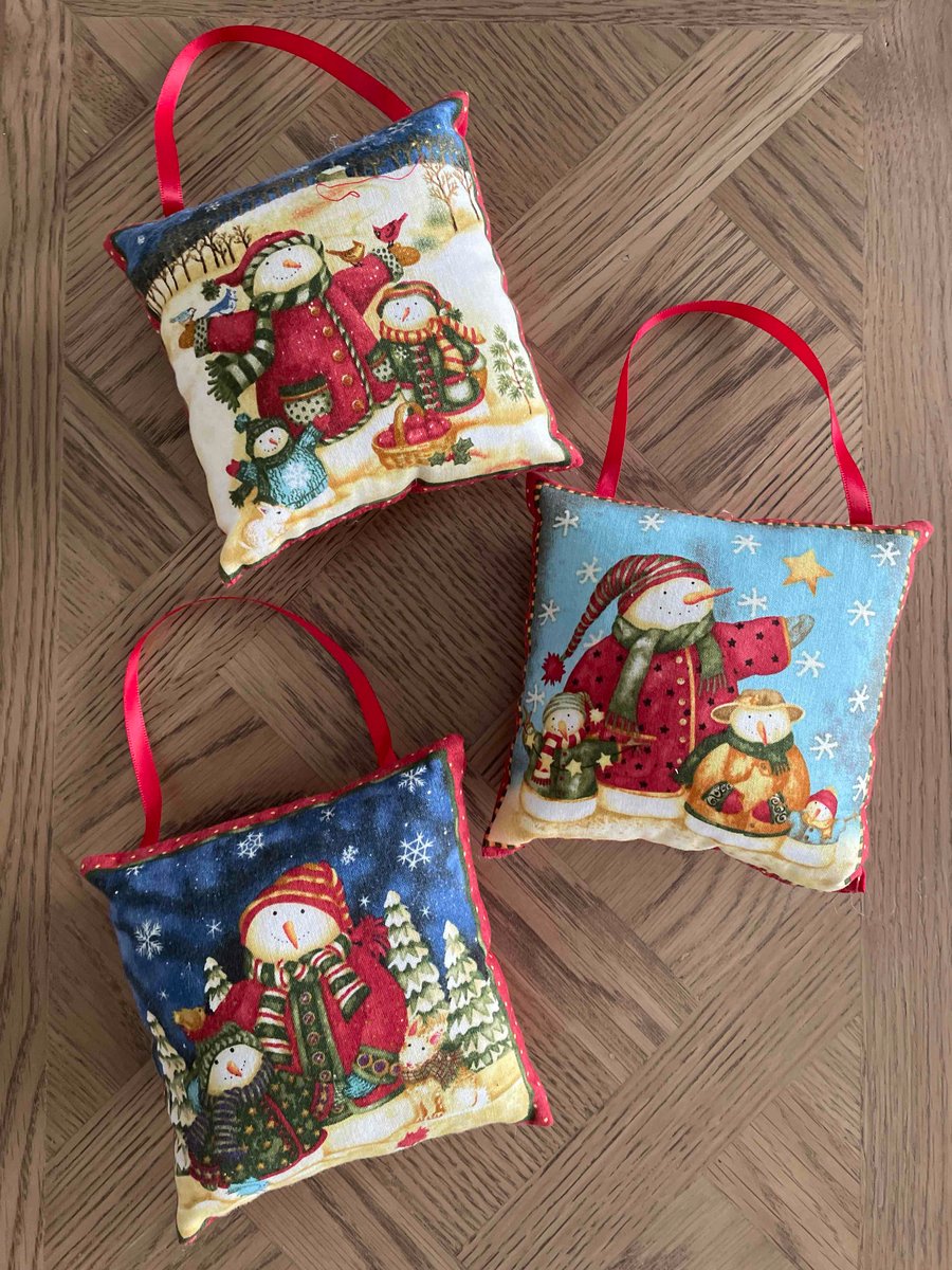 Set of 3 Handmade Mini Cushion Christmas Hangers featuring cute Snowmen