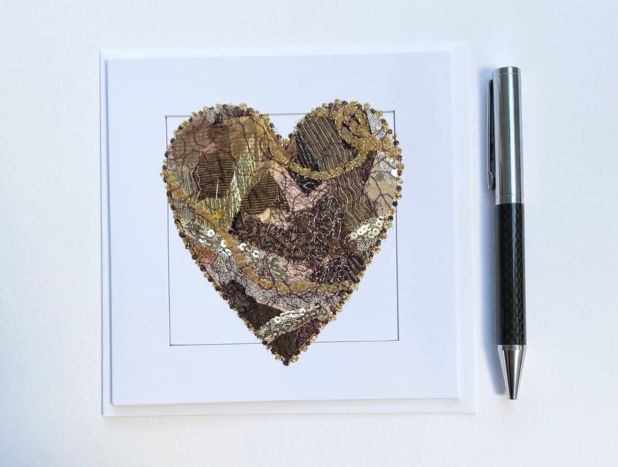 Up-cycled gold embroidered heart card. 